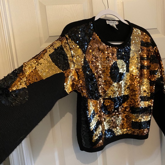 Vintage Semplice Sequin Metallic Front Design Black Wool Cropped Sweater EUC Med - Picture 5 of 16